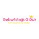 Text: "Geburtstags Glück" in pink mit gelber Krone, "motto partys für kinder" in gelb darunter.