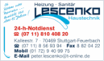 Visitenkarte von Lescenko Haustechnik in Stuttgart-Feuerbach mit Notdienstnummer und Kontaktdaten.