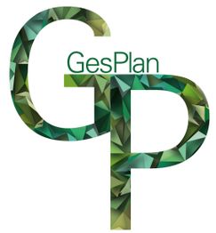 Logotipo con las letras "G" y "P" en verde y la palabra "GesPlan" en el centro.