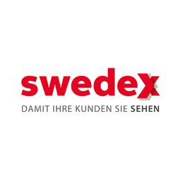 Logo von Swedex mit Slogan "DAMIT IHRE KUNDEN SIE SEHEN" in Rot und Grau.