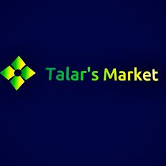 Logo with green-yellow text "Talar's Market" and diamond shape on dark blue background.