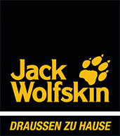 Logo von Jack Wolfskin mit gelber Pfote und Slogan "Draussen zu Hause" auf schwarzem Hintergrund.