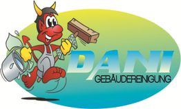 Karikatur eines Teufels mit Putzutensilien neben dem Schriftzug "DANI Gebäudereinigung".