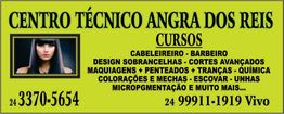 Cartaz do Centro Técnico Angra dos Reis com cursos de beleza e contatos telefônicos.