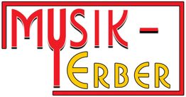 Roter und gelber Schriftzug „MUSIK-ERBER“ auf weißem Hintergrund.