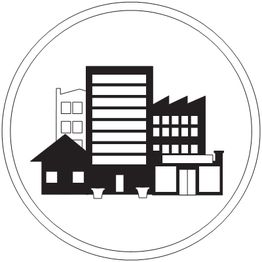 Symbol eines Stadtbilds mit Gebäuden in Schwarz-Weiß.