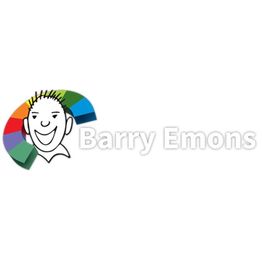 Logo van Barry Emons met een lachend gezicht en een regenboogkleurige boog eromheen.