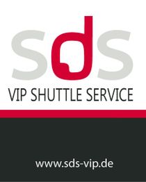 Logo des SDS VIP Shuttle Service mit Website: www.sds-vip.de. Graue und rote Farbtöne.