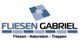 Logo von Fliesen Gabriel mit Text: "Fliesen - Naturstein - Treppen" und blauem Kachelmotiv.