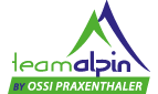 Logo von Team Alpin mit grünem und blauem Bergmotiv und Text: "by Ossi Praxenthaler".