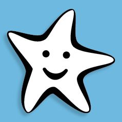 Lächelnder weißer Stern mit Gesicht auf blauem Hintergrund.