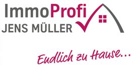 Logo von ImmoProfi Jens Müller mit dem Slogan "Endlich zu Hause" und Hausgrafik.