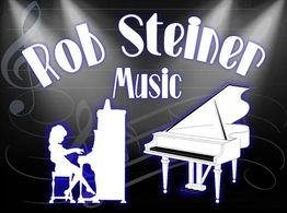 Silhouette of a pianist by a grand piano under spotlights, with text "Rob Steiner Music."