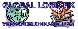 Grafik mit Globus und Bücherstapel, Text: „Global Logistik Versandbuchhandlung“.