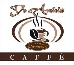 Logo "De Amicis Caffè". Tazza fumante con chicchi di caffè e scritta "Caffè L'Arabica".