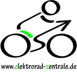 Strichmännchen auf Fahrrad, URL "www.elektrorad-zentrale.de" unten, grüner Sattel.