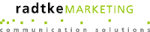 Logo: "radtkeMARKETING communication solutions" in schwarzer und grüner Schrift.