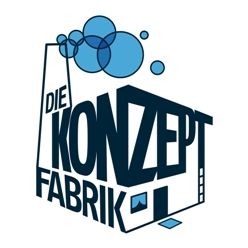 Logo mit Text "Die Konzeptfabrik", Fabrikgebäude und blauen Blasen.
