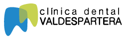 Logotipo de la Clínica Dental Valdespartera con un diente estilizado en azul y verde.