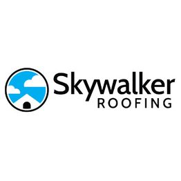 Skywalker Roofing logo with a stylized house, sky, and clouds in blue and white.