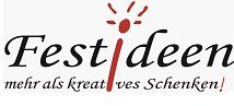 Logo mit Text "Festideen" und Slogan "mehr als kreatives Schenken!" in Schwarz und Rot.
