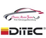 Logo mit Autoskizze und Text "Classic Motor Farm". Unten Text "DiTEC" mit Deutschlandflagge.