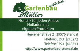 Visitenkarte von Gartenbau Müller, Floristik und Hofladen, Stendal, mit Kontaktinformationen.