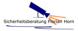 Logo mit Kamera und Text: "Sicherheitsberatung Florian Horn" mit stilisierten Lichtstrahlen.