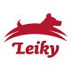 Rotes Logo mit stilisiertem Hund über dem Schriftzug "Leiky".