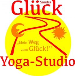 Logo des "Glück Yoga-Studios" mit Sonne, Mond und Schriftzug "Mein Weg zum Glück!"