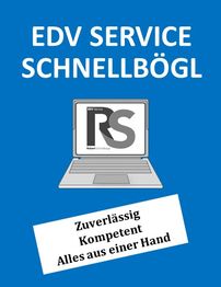 Illustration eines Laptops mit Text: "EDV Service Schnellbögl, Zuverlässig, Kompetent."