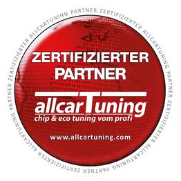 Rotes Logo mit Text "Zertifizierter Partner allcarTuning" und Website-URL darin.