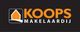 Logo met oranje huispictogram en tekst "Koops Makelaardij" op zwarte achtergrond.