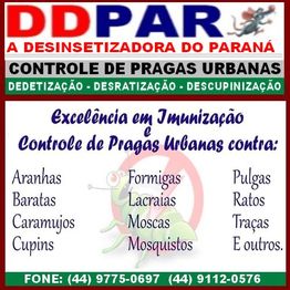 Gráfico de empresa de controle de pragas com lista de pragas e contatos telefônicos.