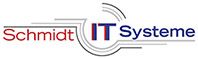 Logo mit Text "Schmidt IT Systeme", rot-blau gestaltet mit grafischen Linien-Elementen.