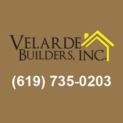 Logo for Velarde Builders, Inc. with a phone number and a yellow house roof design.