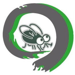 Dibujo de una mosca dentro de un círculo gris y verde con diseño abstracto.