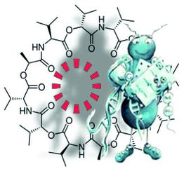 Diagramm eines Moleküls mit einer cartoonhaften Figur rechts holding ein Clipboard.
