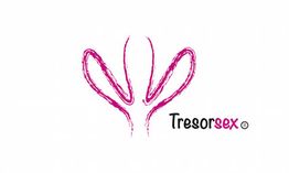 Logotipo rosa con líneas curvas y la palabra "Tresorsex" en negro y rosa.