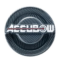 Round carbon-fiber pattern ashtray featuring an "ACCUBOW" logo across the middle.