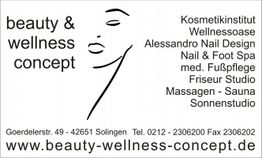 Visitenkarte des Beauty & Wellnessinstituts in Solingen mit Kontaktinfos und Leistungen.