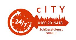 Oranger Schlüssel mit Stadt-Silhouette, Uhr-Symbol "24/7", Text: "Schlüsseldienst sARILI, 0160 2019418".
