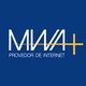 Logo azul com texto "MWA+ Provedor de Internet" em branco e amarelo.