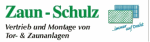 Logo von Zaun-Schulz, Anbieter für Tor- und Zaunanlagen, mit grünem Schriftzug und Zaungrafik.