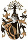 Wappen mit Helm, Schwert, Baum und Ornamenten.