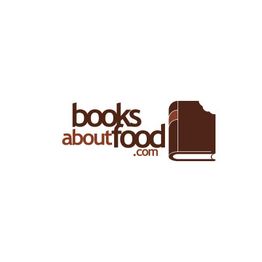 Logo with text "booksaboutfood.com" and a book with a bite mark on the right side.