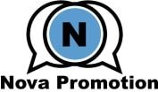 Logo von Nova Promotion mit Sprechblasen und einem blauen Kreis mit einem schwarzen "N".