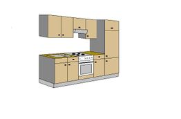 Moderne Einbauküche mit Holzfronten, Herd, Kochfeld, Dunstabzugshaube und Hängeschränken.