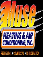 Logo for Muse Heating & Air Conditioning, Inc. with services in residential and commercial refrigeration.