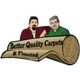 Cartoon men behind a carpet roll, labeled "Better Quality Carpets & Flooring."